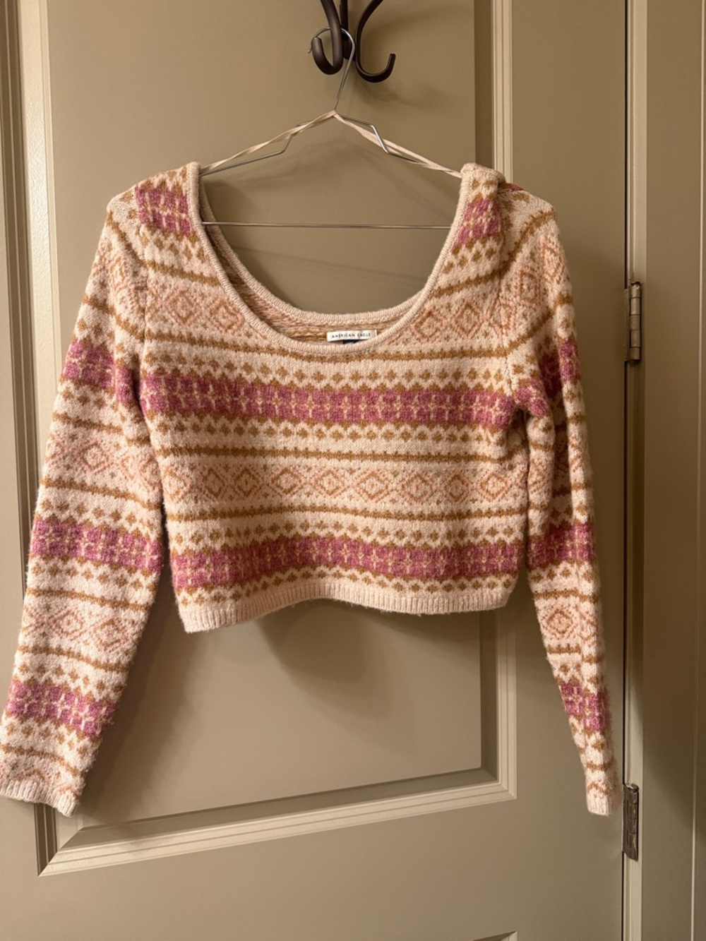 American Eagle Outfitters Pink & Cream Fair Isle Scoop Crop Sweater
